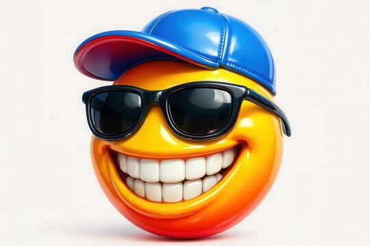 Lachendes 3D-Emoji mit Sonnenbrille und Baseballcap auf hellem Hintergrund, cool und sommerlich dargestellt