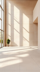 Fototapeta premium Spacious modern room with soft daylight casting geometric shadows across a clean tiled floor.