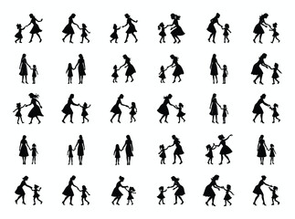 Mother's Day Silhouettes of Mom and children big set on White background
