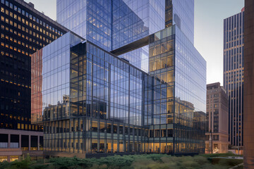 Fototapeta premium Modern office building with glass windows and steel structure, located in an urban business center