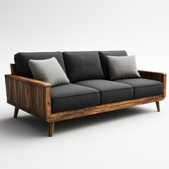 Mid-century modern sofa, gray fabric, wooden frame, living room setting, home decor