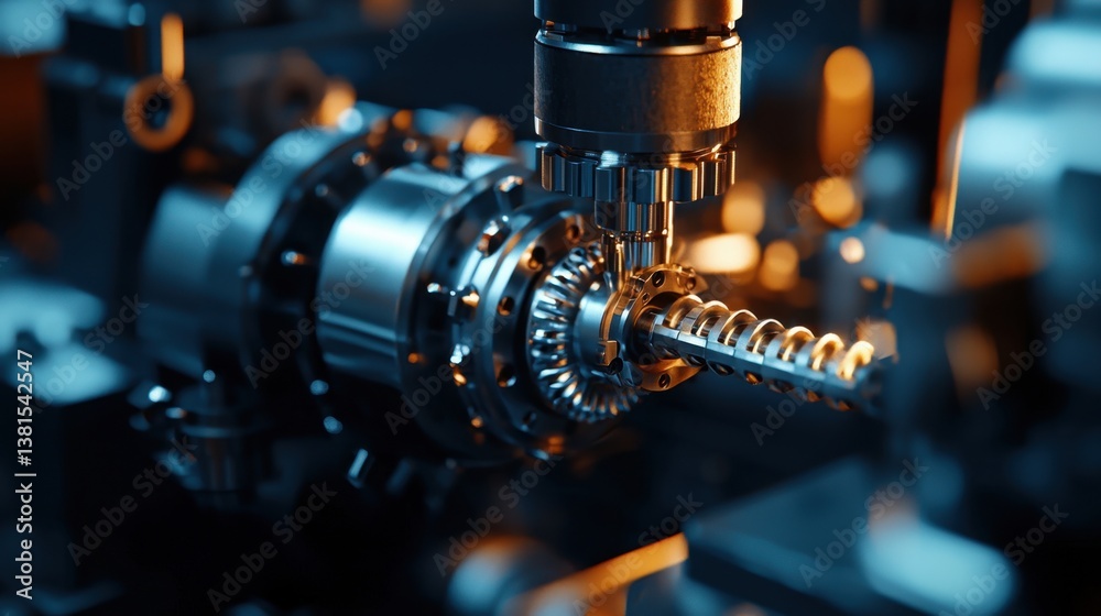 Poster close-up view of a sophisticated machinery operation displaying a metallic part being precisely mach