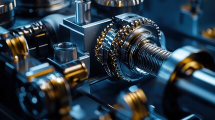 Intricate machinery showcases various mechanical parts designed for efficiency, featuring blue tones and metallic details in a manufacturing environment, emphasizing advanced technology