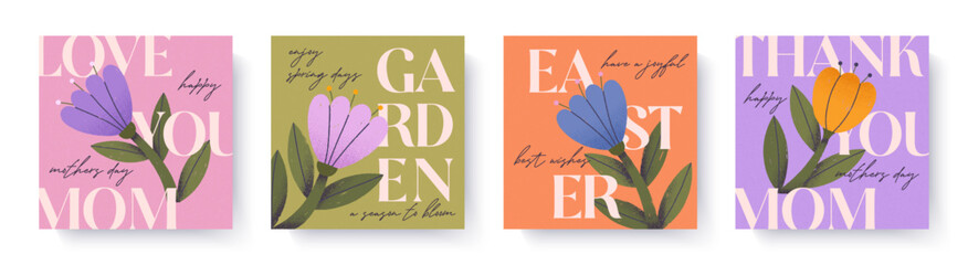 Spring holidays cards set:Easter,Mothers Day,spring festival.Trendy designs with bold typography,hand drawn blooming flowers.Seasonal illustrations for decoration prints invitations offers covers © Xenia Artwork 