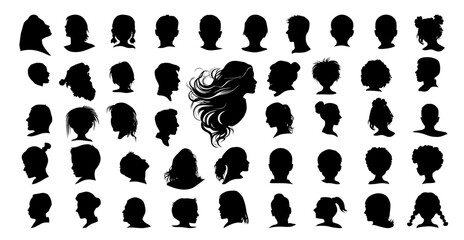 Fototapeta premium Set of silhouettes of people's heads. hand drawn. Not AI, Vector illustration.