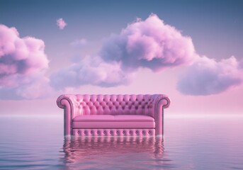 Pink tufted sofa floating on serene water under dreamy clouds