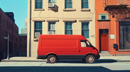 Fototapeta premium A red delivery van is parked on a quiet city street. The surrounding buildings have a mix of colors and architectural styles, creating a vibrant urban atmosphere during the day