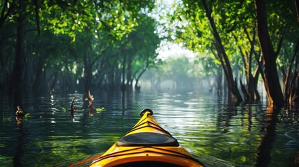 Fototapeta premium Kayaking through a peaceful mangrove forest, vibrant green trees reflect in calm waters under a bright sun. Natures beauty creates a serene atmosphere for outdoor adventure