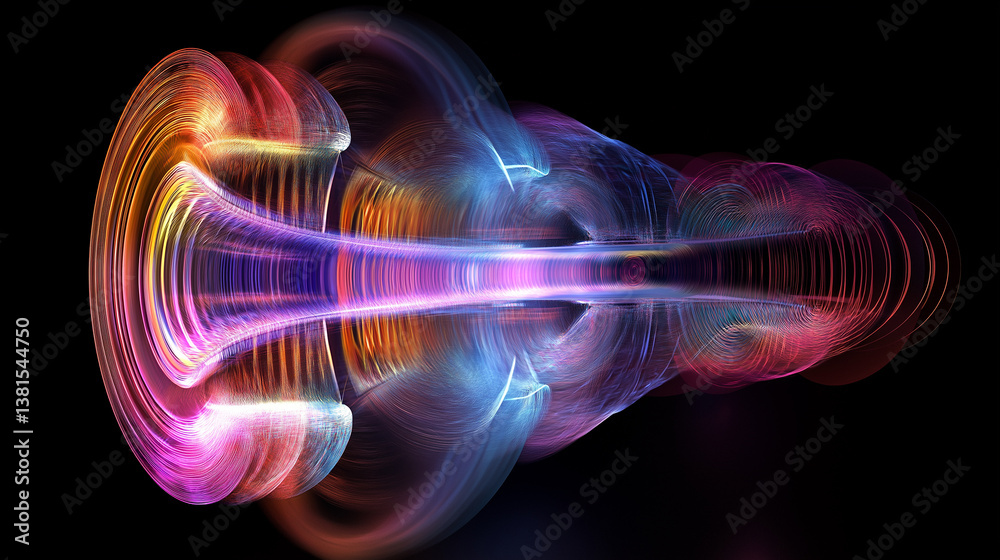 Poster colorful swirling light beams creating a tunnel effect on black background