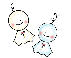 2体（クリーム、水色）のかわいいてるてる坊主のイラスト