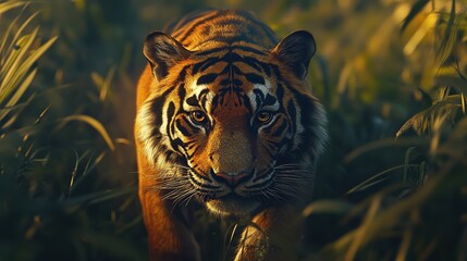  Bengal tiger moves silently through tall jungle grass, muscles ripple beneath striped coat, eyes locked in intense forward focus