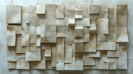 Abstract wall sculpture featuring layered rectangular shapes in neutral tones.