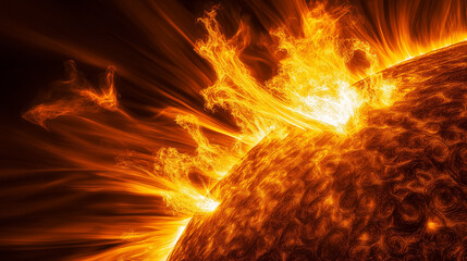 Solar flare erupting from sun surface with swirling plasma and intense energy