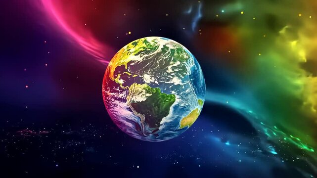 Vibrant rotating earth amidst dynamic cosmic nebula backdrops. International Day Against Homophobia, Biphobia and Transphobia