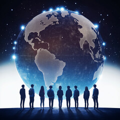 Students watching glowing earth at night: education and global awareness concept