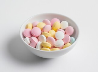 Bowl of Colorful Pills or Candy on White Background for Health