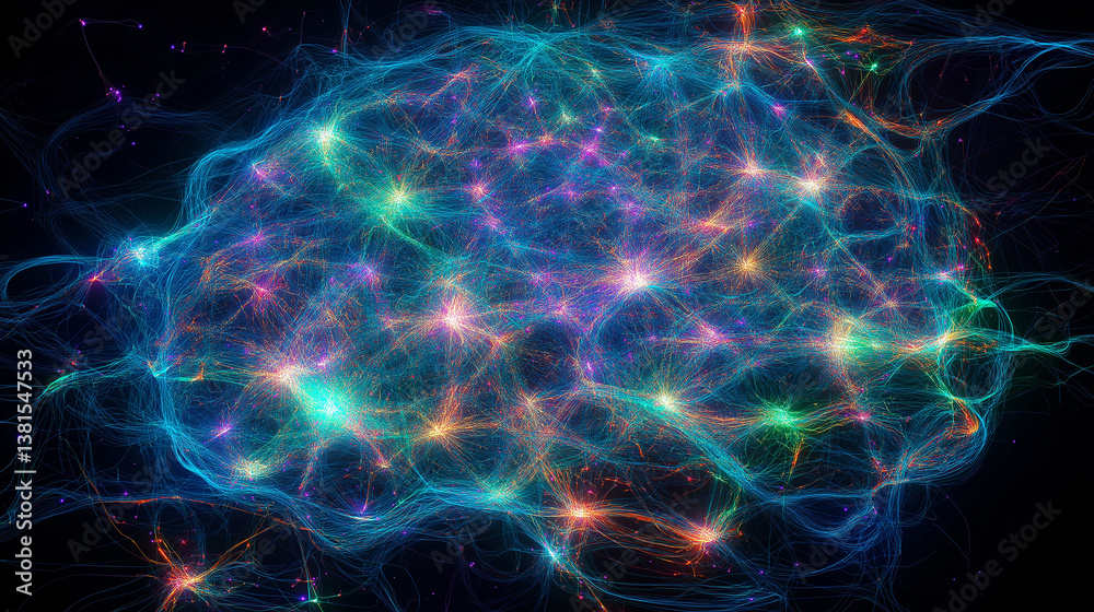 Poster Neural network glowing with artificial intelligence on black background