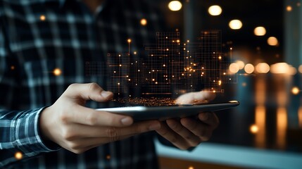 Person holding a tablet displaying futuristic digital cityscape