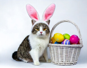 tabby and white cat in fluffy bunny ears leaning against an easter basket of painted eggs