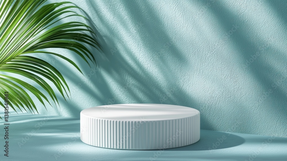 Poster a minimalist white platform rests on a turquoise surface, subtly illuminated by soft shadows. lush g