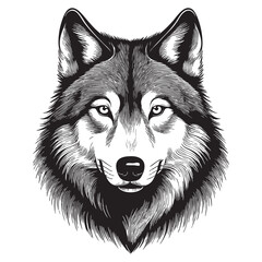 Detailed wolf head vector.  Monochrome illustration of wild animal.  Wildlife portrait.
