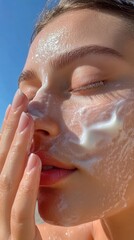 Naklejka premium Young woman performing gentle skincare, applying facial cleanser while basking in sunlight, nurturing healthy skin with dedicated beauty routine