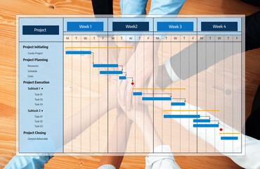 This image presents a detailed Gantt chart illustrating project management phases with focus on...