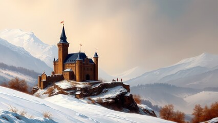 Majestic castle perched on a snowy mountain peak under soft golden light during winter morning