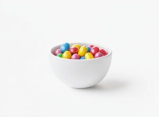 Colorful Candy Coated Chocolate Eggs in a White Bowl on White