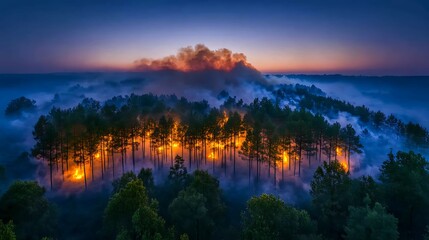 Naklejka premium A forest fire burning at dusk with smoke and flames