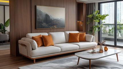 Modern apartment living room, sofa, mountain art, balcony view, home decor