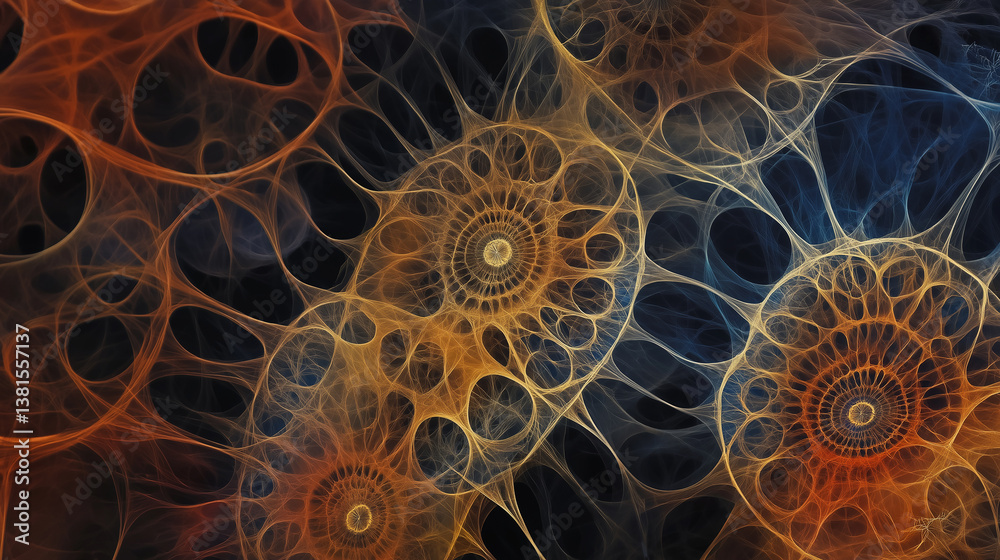 Poster Golden fractal spirals expanding in a network of interconnected nodes