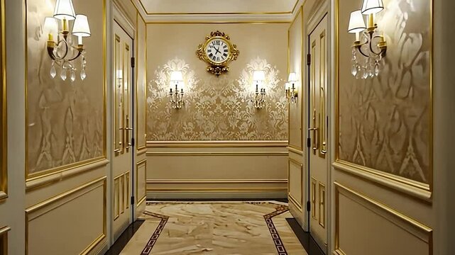 Ornate Hallway with Gold Trim, Wall Sconces, and Antique Clock
