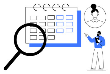 Magnifying glass over a calendar, profile avatar, and man with clipboard pointing at deadline. Ideal for scheduling, planning, productivity, time management, team collaboration, goal tracking flat