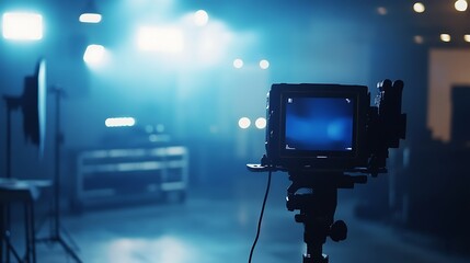 Filming an interview in a TV studio with blurred backdrop showcasing media tech concepts  
