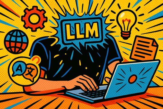 Colorful pop art illustration of LLM (Large Language Model) working on a laptop, surrounded by creativity and technology symbols.