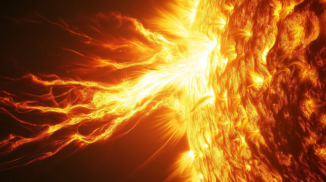 Solar flare erupting from the sun's surface with swirling plasma filaments - Powered by Adobe