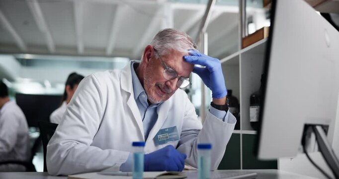 Scientist, man and computer at laboratory with headache, stress and mistake with sample in pharmaceutical study. Mature person, migraine and frustrated with medical research, insight and burnout