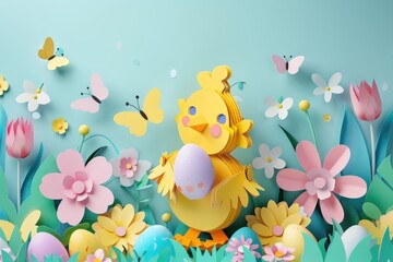 Obraz premium 3d paper cut style, easter chick holding an egg surrounded by flowers and butterflies, easter eggs on the ground, cute yellow bird in front of white background