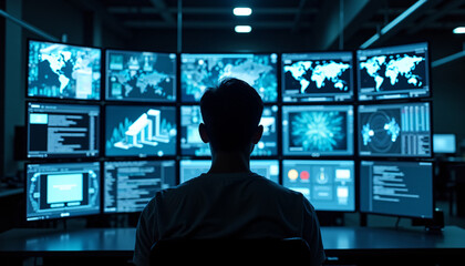 Data monitoring specialist analyzing global trends in high-tech control room environment