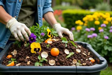 Fototapeta premium Gardening action planting flowers and citrus in a community garden outdoor nature scene