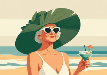 Elegant woman enjoying a tropical drink on the beach, radiating confidence