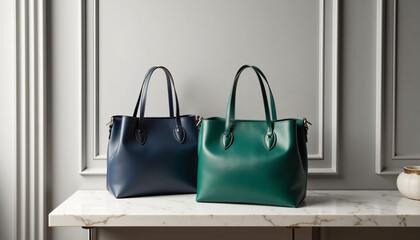 Elegant handbags display on marble table stylish interior premium accessories modern design