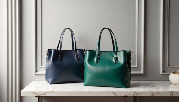 Elegant handbags display on marble table stylish interior premium accessories modern design