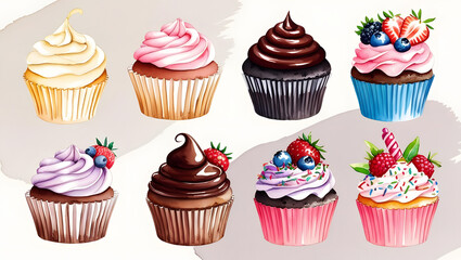 Watercolor muffin and cupcake illustrations for bakeries