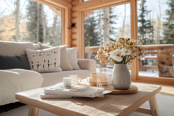 A high-end editorial photograph of a modern cabin interior with large windows letting in soft natural light