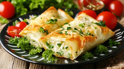Two flaky pastry wrapped savory parcels on a decorative plate