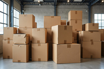Warehouse packing event cardboard boxes stacked high in industrial space captured from ground level