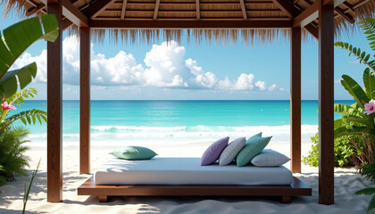 Obraz premium Relaxing beach retreat with cozy lounge tropical paradise soft sands serene atmosphere