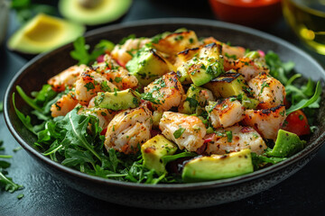 a fresh and delicious salad served in a deep dark bowl. The main ingredients are fried shrimp and avocado, cut into large pieces and sprinkled with fresh herbs (perhaps cilantro or parsley). 